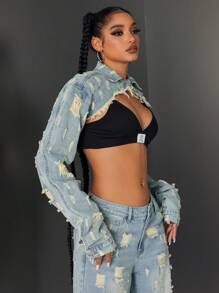 Jeanoix Chaqueta de jeans súper corta para mujer, denim desgastado con cuello, estilo de moda vintage