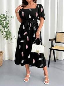 SHEIN Clasi Plus Size Women's Feather Print Elegant Square Neck Elastic Waist Puff Sleeve Dress For Summer