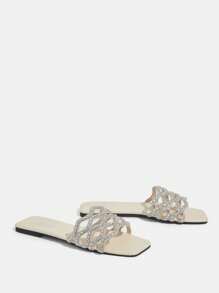 CUCCOO TILAWA Sandalias planas con punta cuadrada, decoradas con cristales, en color albaricoque con onda de agua. Adecuadas para uso diario, citas, fiestas, compras, vacaciones y bodas