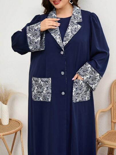 Al Najma 大码女式阿拉伯长袍，配有翻领口袋和花卉印花设计