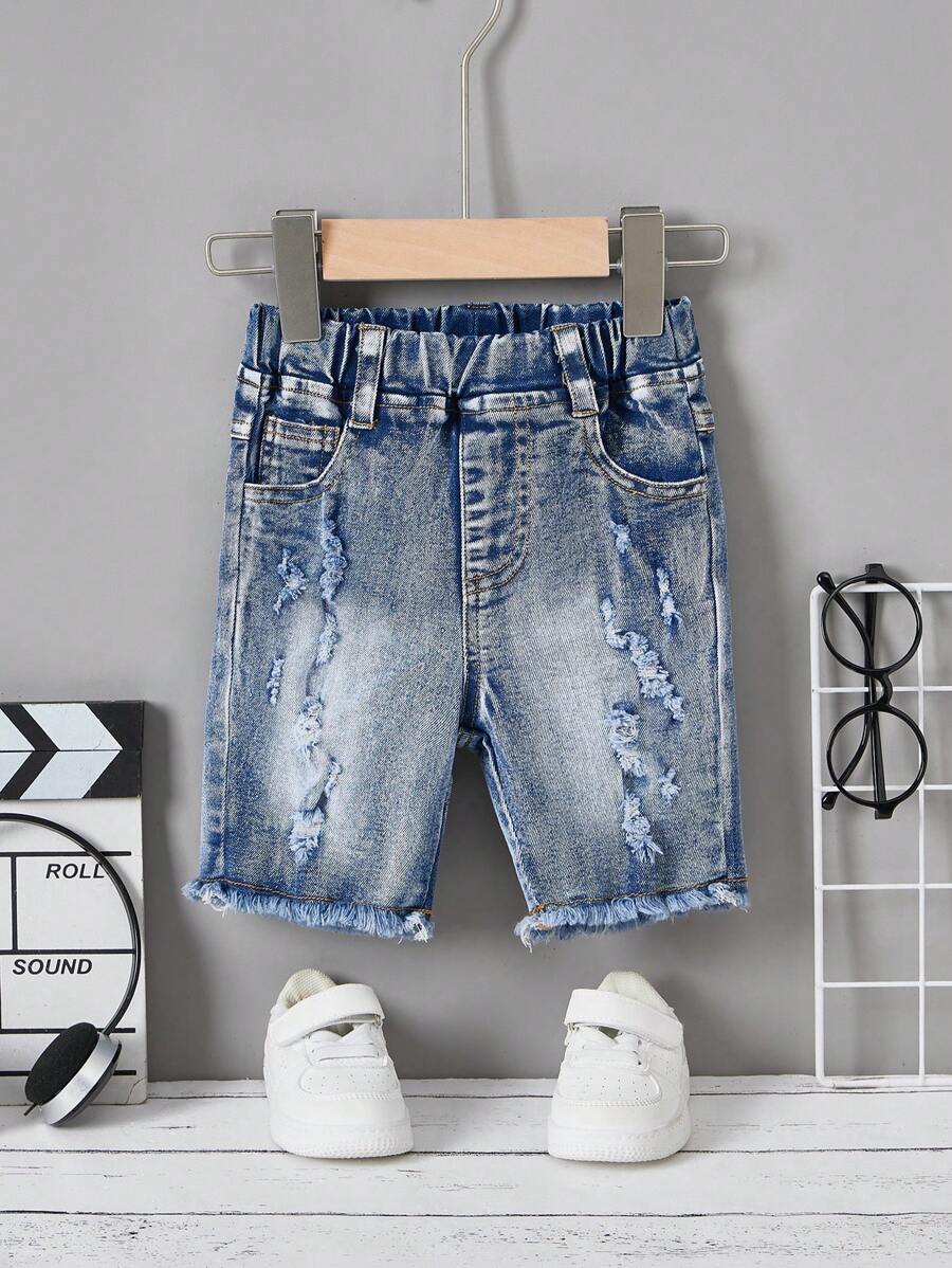 Celana Pendek Denim Elastis Lembut, Nyaman, Kasual, dan Serbaguna untuk Bayi Laki-laki, Ringan untuk Musim Panas - Medium Wash - View 1