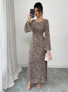 Al Najma 女式梭织印花后系带长袖宽松休闲阿拉伯风格连衣裙，端庄