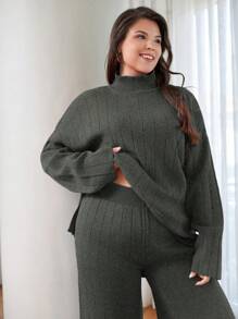 EURMUSE OLUS SIZE HIGH NECK CASUAL SWEATER CORDS - Dark Grey - View 6