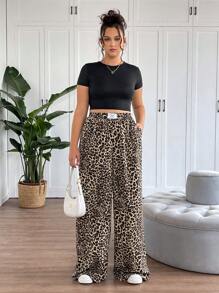 SHEIN Tall CURVE Plus Size Women's Wide-Leg Street Trousers In Leopard Print Woven, Summer Pants For Women, Graphic Women, Concert Women, Rave Festival, Streetwear For Women, Graduation Women Pants