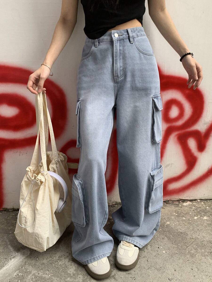 DAZY Women's Multi-Pocket Loose Cargo Jeans - Blue - View 1