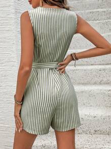 SHEIN LUNE 女式条纹 V 领单排扣口袋无袖休闲连身裤 - 軍綠色 - 查看 2