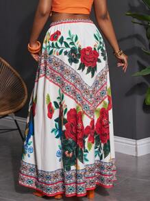 Slaydiva 大码宽松花卉印花长款A字裙，适合春夏度假