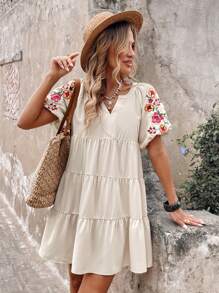 SHEIN LUNE Women Casual Embroidered V-Neck Puff Sleeve Everyday Wear Short Dress - Apricot - View 6