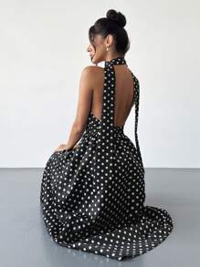 Firerie Women's Vintage French Style Polka Dot V-Neck Backless Cinched Waist High Waist Midi Dress, Suitable For Valentine's Day, Concerts, Performances, Dates, Banquets, Weddings, Sexy, Elegant, Commuting, Back To School, Vacation, Beach, Romantic