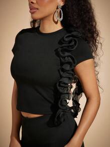 Vixey 3D 花朵荷叶边长袖圆领针织上衣，夏季上衣，波西米亚风 - 黑色 - 查看 2