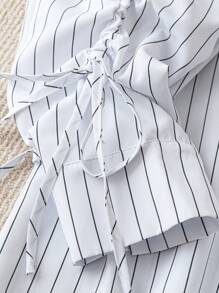 SHEIN LUNE Women Striped Print Button Front Drawstring Long Sleeve Plus Size Blouse Fall Cloth For Women - White - View 3