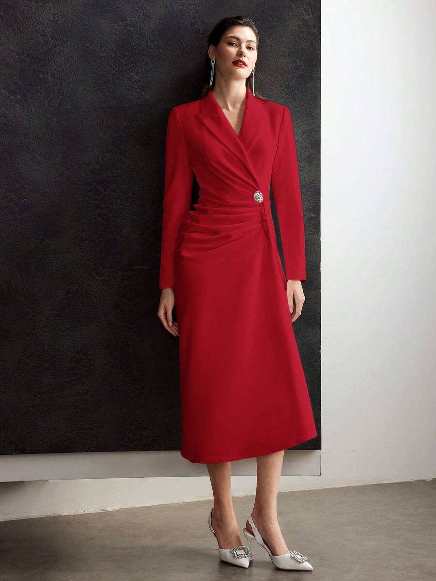 MOTF PREMIUM FOLD PLEATED BUTTON DECOR DRESS - Red - View 1