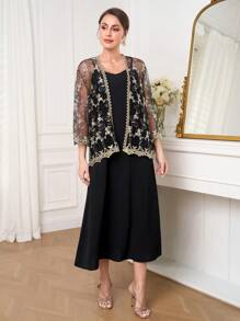 Seusyu 2pcs/Set Women Casual Embroidered Mesh Top & Solid Color Slip Dress - Black - View 4