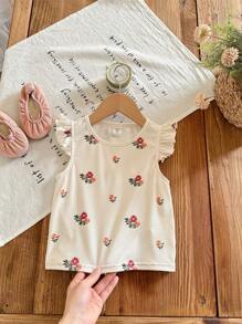 SHEIN LMoss Kids 年轻女孩碎花圆领荷叶边下摆修身休闲背心