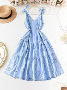 SHEIN LUNE Vestido de verano elegante sin mangas con cuello en V y moño bordado en color liso para mujeres de talla grande - Azul - Ver 2