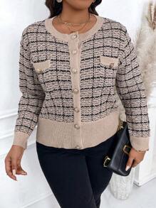Calvaya Cárdigan de cuello redondo con botones frontales, manga larga, a cuadros y de talla grande para invierno - Multicolor - Ver 4