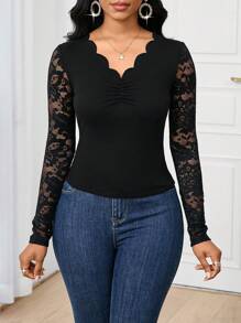 SHEIN Lady Camiseta de manga larga ajustada elegante y sólida con aplicación de encaje para el uso diario