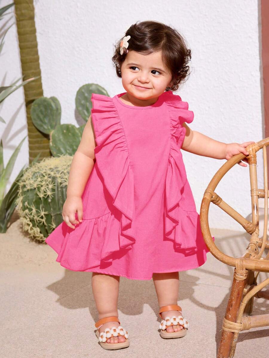 SHEIN Babygirl Sweet Orange Ruffle Hem Summer Vacation Dress - Hot Pink - View 1