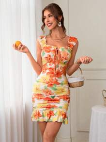 SHEIN VCAY Vestido corto con estampado floral, volantes en el bajo y lazo delantero, estilo vacacional para mujeres