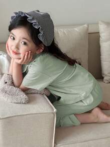 DAZY Ropa casual de primavera/verano para niñas de talla pequeña: camisa de manga corta a cuadros + pantalones