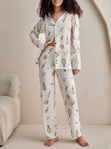 RueChic Cotton Women 2 Pcs Contrast Colour Button Front Detail Cute Printed Pattern Homewear PJ Set - White - View 1