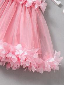 Baby Girl Elegant 3D Floral Lace Sleeveless Mesh Party Dress, Suitable For Summer - Pink - View 5