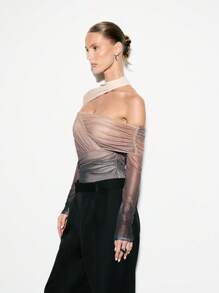 KIZN Asymmetric One-Shoulder Bodysuit Draped Mesh Long Sleeve Metallic Ruched Designer Evening Party Club Wear Fashion Statement Piece - Multicolor - View 6