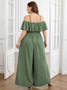 SHEIN Clasi Macacão plus size cor sólida ombro de fora babado acabamento cintura marcada perna larga - Verde - Ver 5