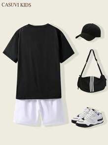 2 pièces/Set Adolescent garçon décontracté Sports Bloc de couleur Lettre Impression Ample T-shirt et Short athlétique Couleur contrastée, Ensemble 2 pièces, Convient pour le printemps et l'été Porter décontracté