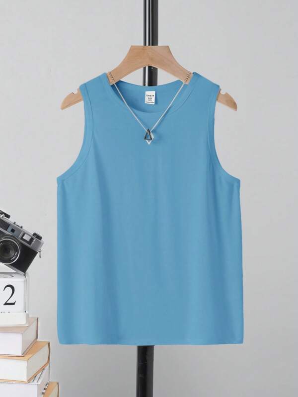 Tween Boys' Casual Minimalist Round Neck Tank Top, Suitable For Summer