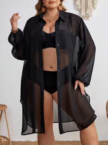 SHEIN CURVE+ Kimono de mujer de talla grande con botones en la parte delantera, malla transparente, tela fresca y resistente a las arrugas, para otoño/invierno - Negro - Ver 3