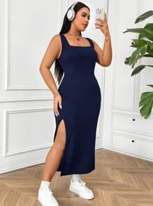 CovetEZ 夏季大码无袖纯色高开叉休闲连衣裙