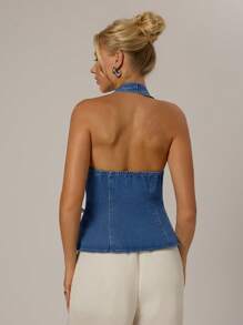 Forever 21 Women's Casual Side Tie Halter Neck Denim Top