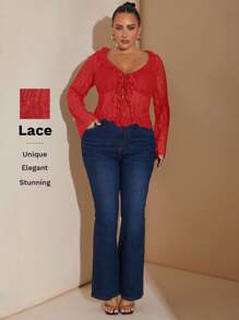 SHEIN BAE Blusa de encaje transparente con lazo frontal, romántica y dulce para mujer de talla grande, ropa de mujer para otoño