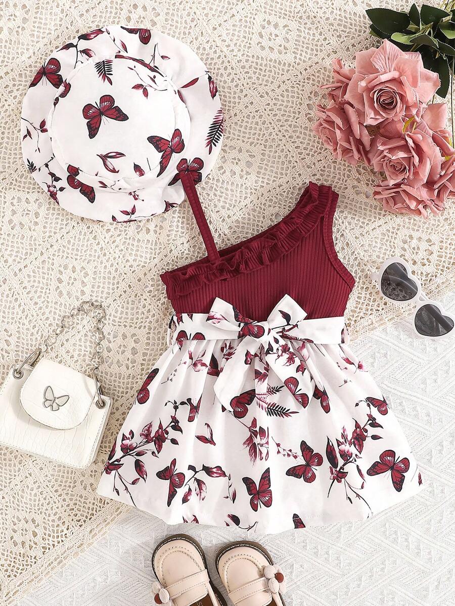 SHEIN Baby Girl Houndstooth & Ribbed Fabric Ruffle Strap Sleeveless Dress With Hat, Elegant For Spring/Summer, Cute - Red and White - View 1