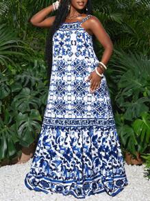 Slaydiva Nuevo vestido informal y elegante de vacaciones para mujer de capa con volantes, tirantes finos y estampado azul y blanco, con espalda descubierta, adecuado para fiestas y uso casual