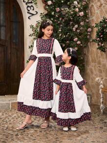 Mädchen einfaches Mode Weiss & Schwarz Veilchen Blumen Rundhals-Kleid mit Rüschensaum