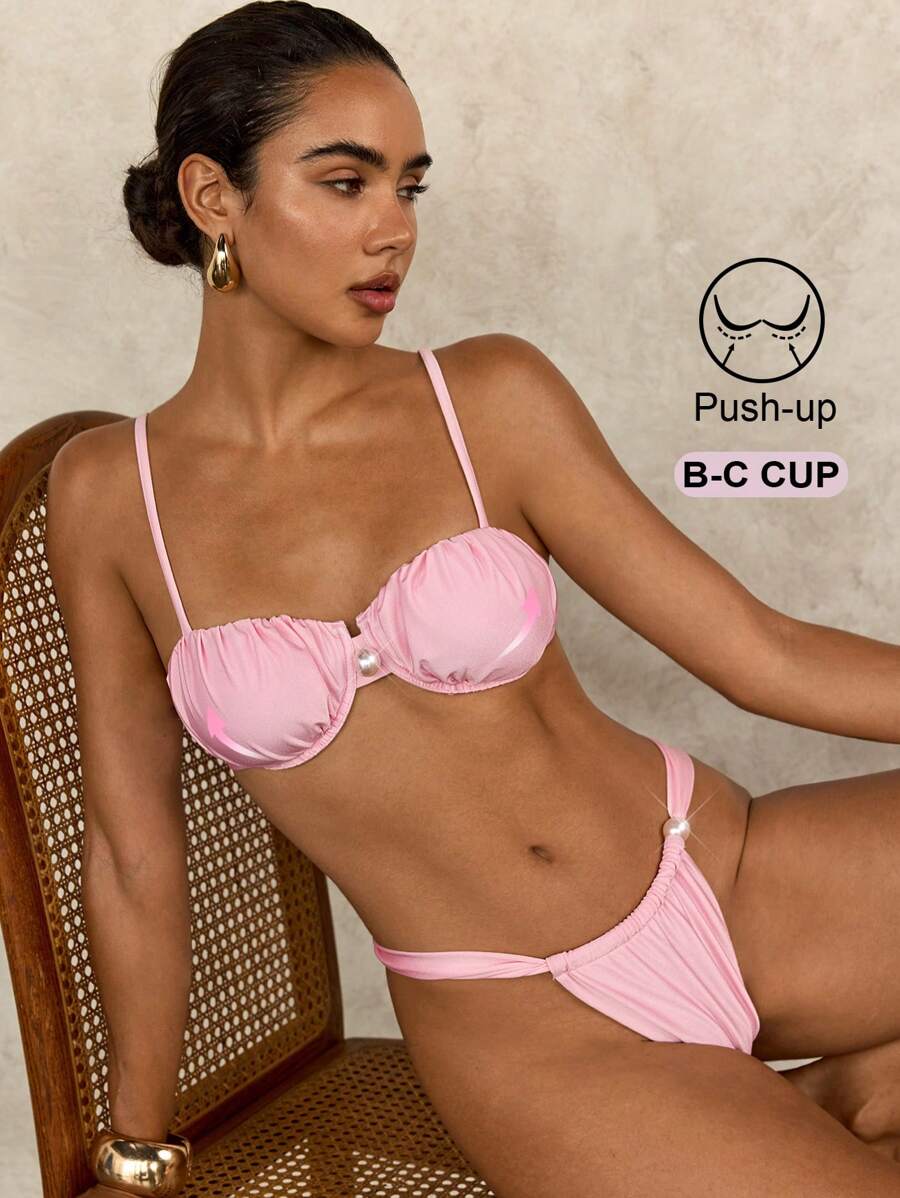 Pink Pearl Decorated Push-Up Bra - Swimwear