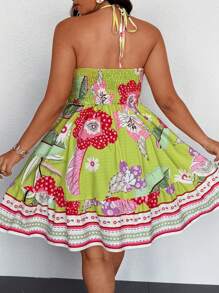 Flirla Lässiges mittellanges Kleid in Große Größen mit floralem Muster, Schnürung und rückenfreiem Neckholder-Design - Verschiedenfarbig - Übersicht 2