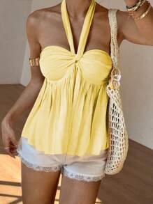 Sunnyshic Top de style vacances d'été pour femmes avec torsion froncée à l'avant et encolure ras-du-cou