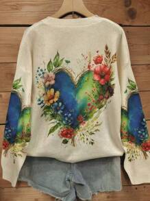 EMERY ROSE Women's Sweater, New Arrivals, Apricot Color With Floral, Heart & Plant Graphic, Vintage Minimalist Casual Design, Crew Neck Long Sleeve - Apricot - View 4