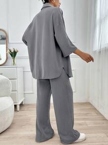 SHEIN Tall Size Women 2pcs Set Front Button Long Sleeve Top And Front Tie Long Pants, Minimalist Style - Dark Grey - View 2