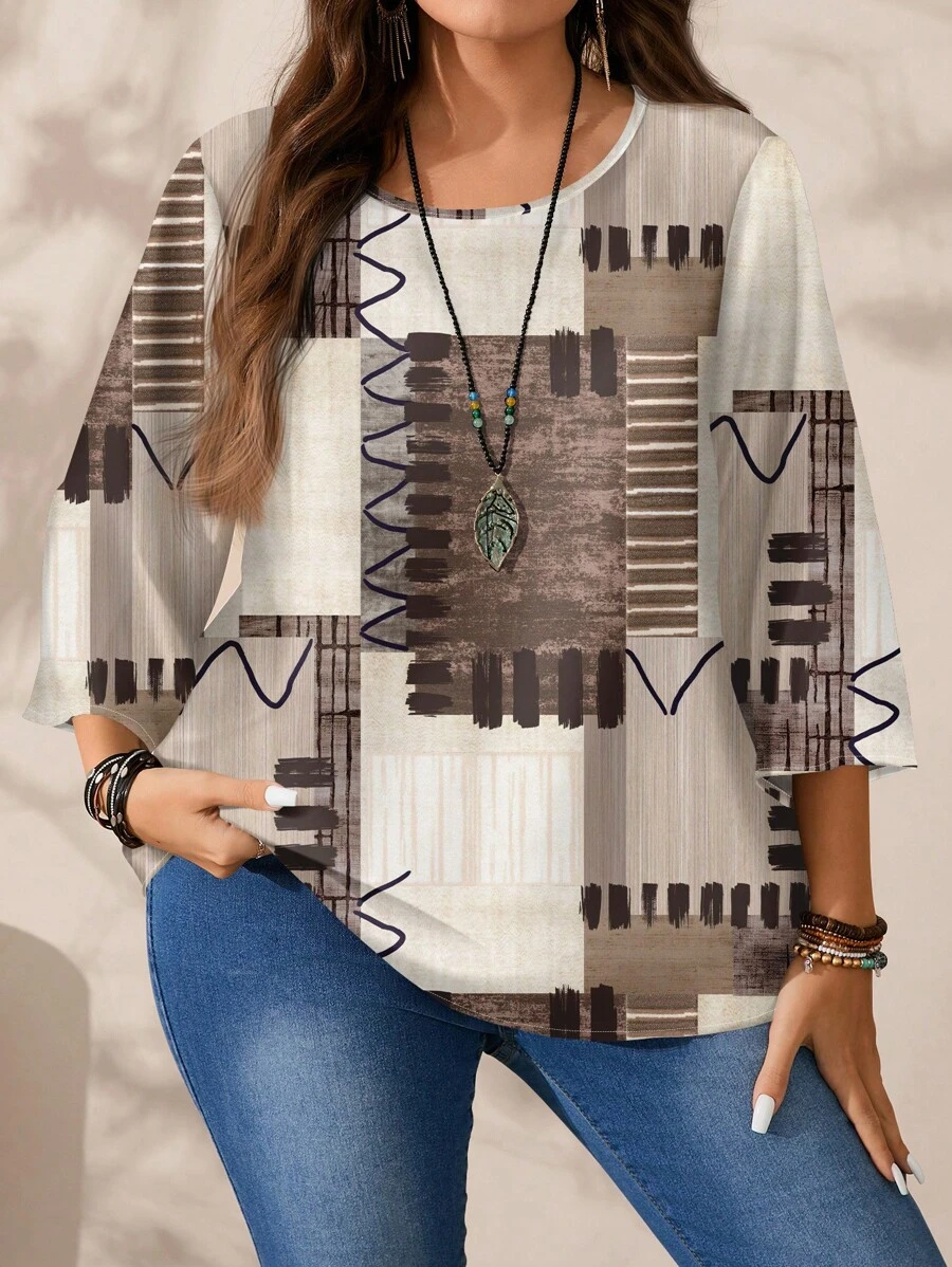 Mellowie Plus Size Women's Casual Simple Brown Plaid Patchwork Color Block Full Print Loose Fit Round Neck 3/4 Sleeve Shirt, Autumn/Winter Chic Blouses For Women - Multicolor - View 1