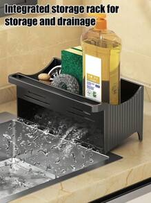 SHEIN 1 pieza Rejilla de desagüe de fregadero negra, con función de colgar un paño, de materiales plásticos, puede almacenar herramientas de limpieza y ordenar el fregadero de la cocina/lavandería/encimera del baño, impermeable, filtrado de agua automático, sin necesidad de instalación.