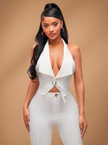 SHEIN SXY Women's White Summer Seksi Chic Club Night Elegant Backless High Stretch Knit V-Neck Halter Sleeveless Slim-Fit Suit Vest Blazer For Wedding Guest - White - View 1
