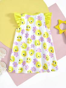 LOONEY TUNES X SHEIN 女婴崔弟鸟 & 花卉印花盖袖可爱休闲黄色 & 白色连衣裙