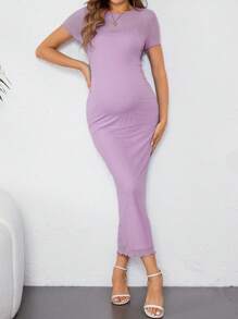 SHEIN Maternity Round Neck Form-Fitting Mid-Length Dress - Purple - View 3