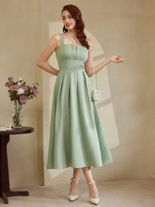 Vintamour Robe longue verte élégante et rétro pour femmes, robe ajustée évasée sans manches, printemps/été