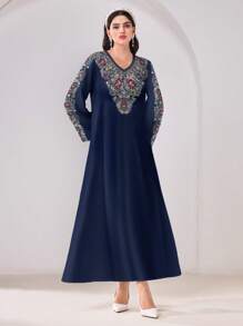 Al Najma Casual Floral Print V-Neck Long Sleeve Modest Arabic Style Dress