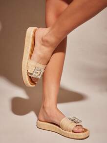 SHUZIA Women Flat Slides Sandals Sparkly Rhinestone Slip On Flat - Beige - View 3